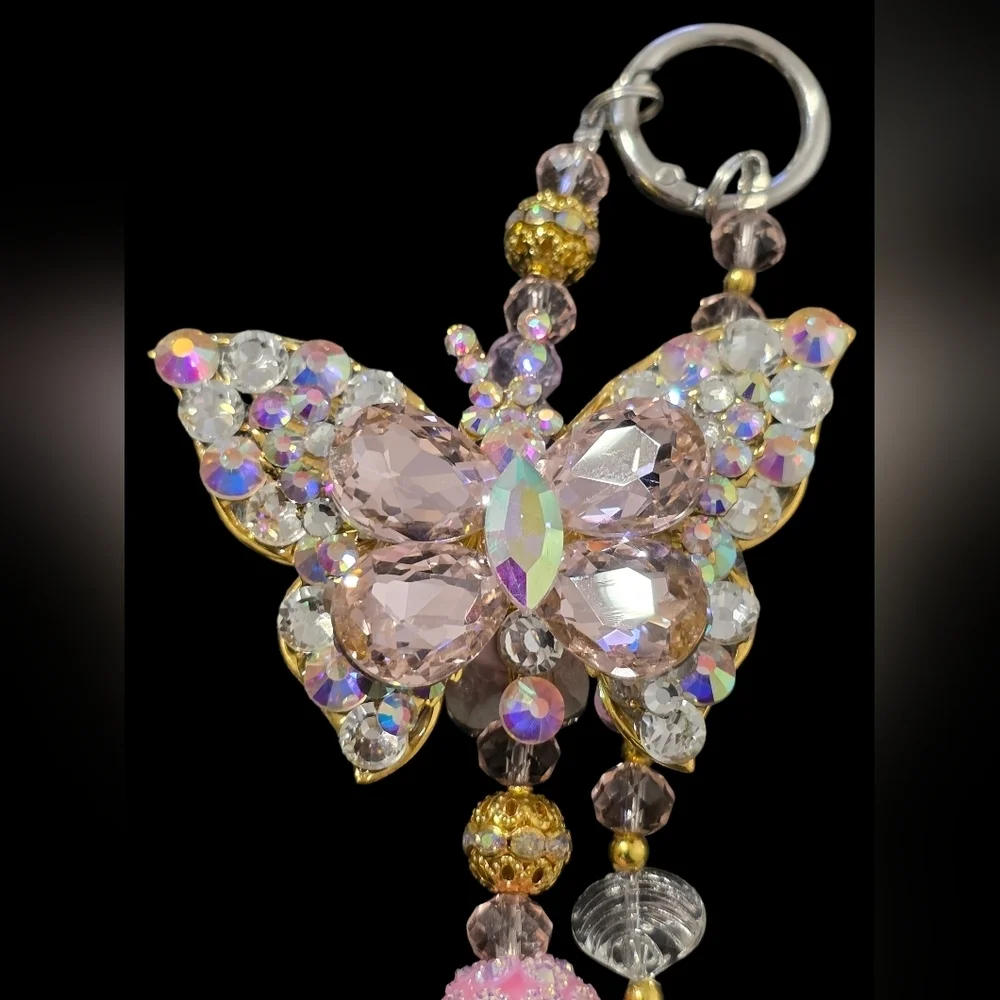 Gold and Pink Beaded Butterfly Bag Charm